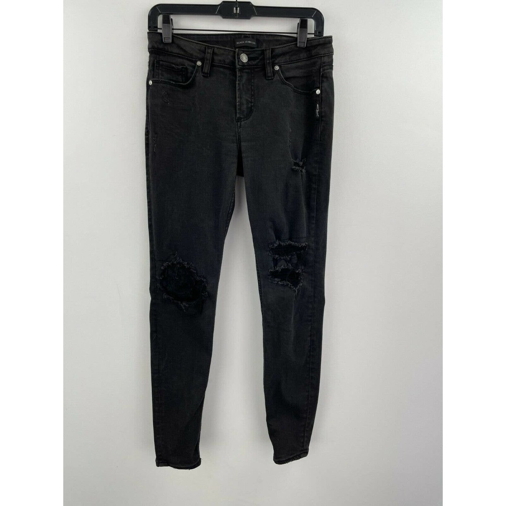Silver 27 Aiko Skinny Jeans Charcoal Gray B53-11 Mid Rise Stretch Distress 29x28